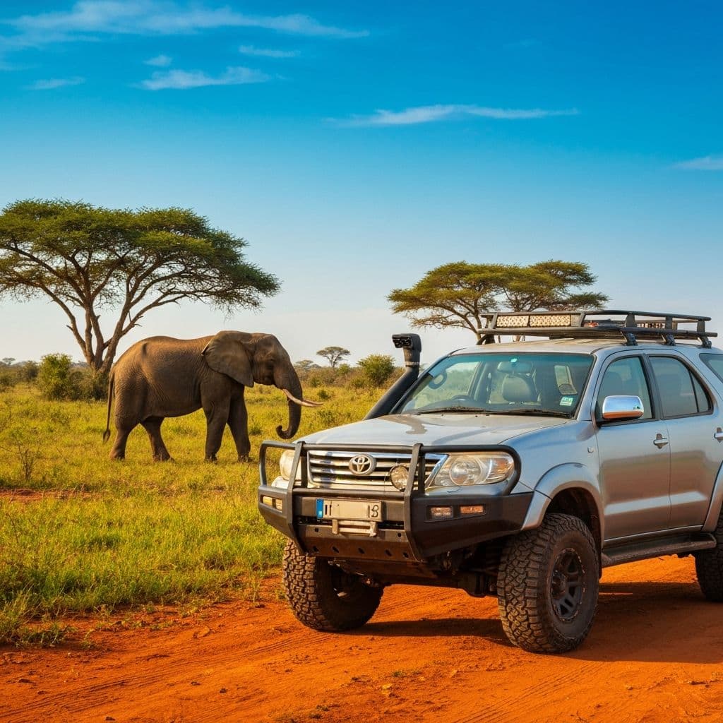 4x4 SUV on Kruger National Park safari track with elephant