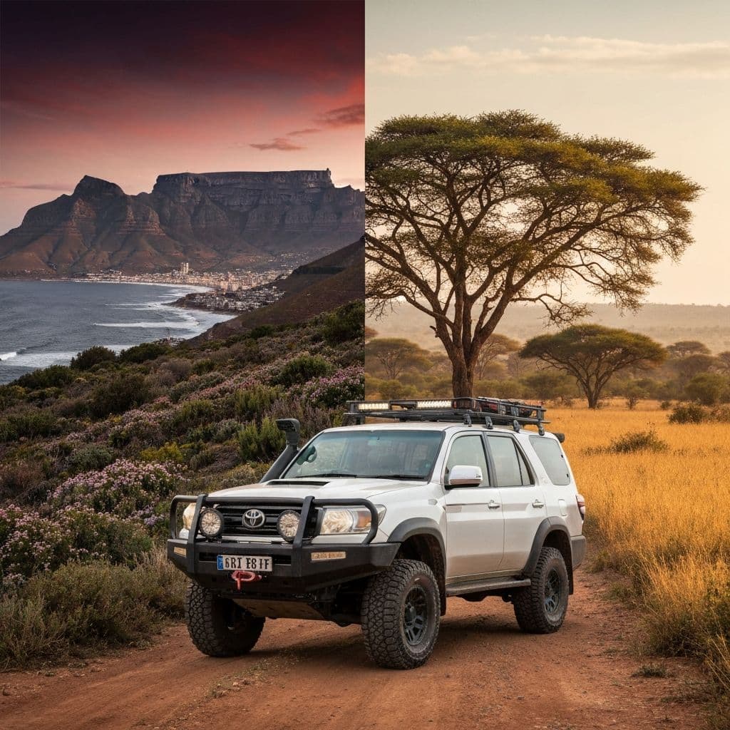 Toyota 4x4 transitioning from Cape Town Table Mountain to Kruger National Park savannah