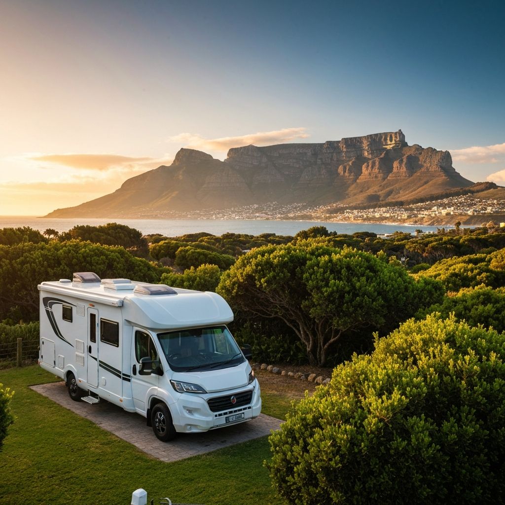 Campervan at Cape Town campsite with Table Mountain
